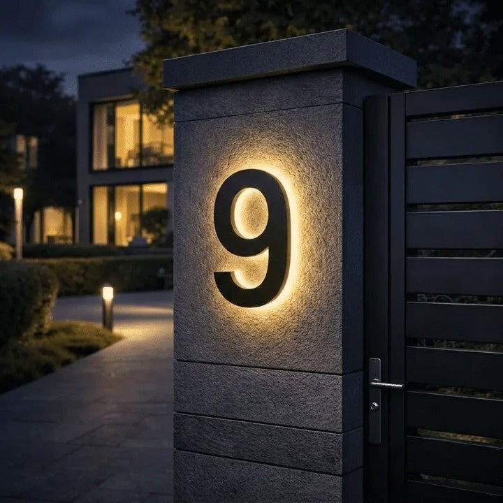 Chiffre 9 noir rétroéclairé d'une lumière chaude, fixé sur un pilier en pierre grise près d'un portail, de nuit. 1