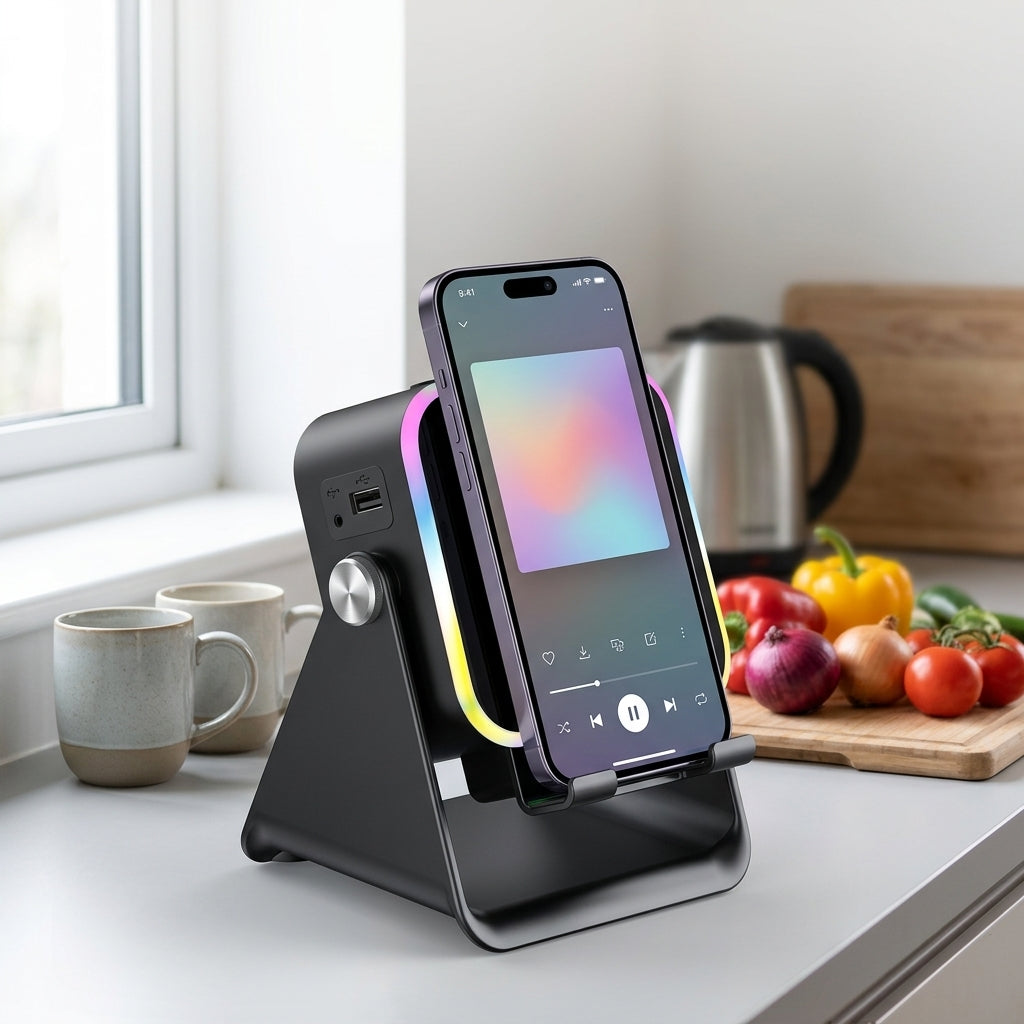 Support noir avec lumière colorée, téléphone diffusant de la musique, posé sur un plan de travail de cuisine 1