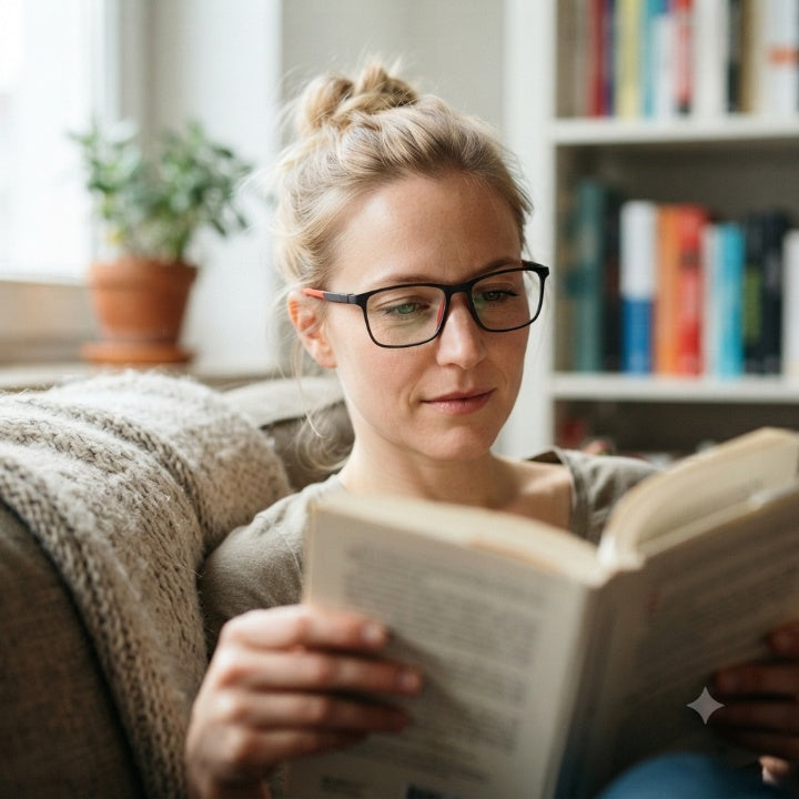Femme assise sur un canapé lisant un livre, portant la monture noire fine, devant une bibliothèque et une plante. 3
