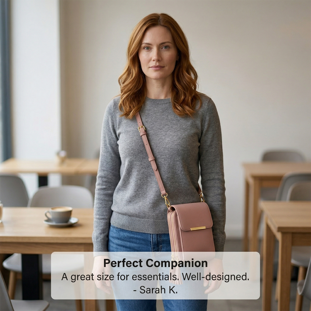 Femme en pull gris et jean portant le sac rose poudré en bandoulière, debout dans un café. 12