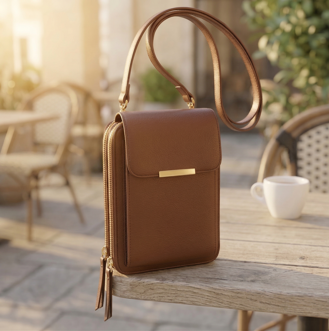 Version marron caramel du sac à rabat et fermoir doré, posée sur une table de terrasse ensoleillée. 4