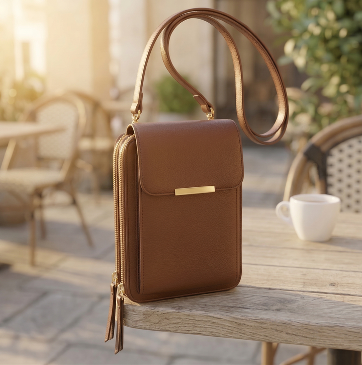 Version marron caramel du sac à rabat et fermoir doré, posée sur une table de terrasse ensoleillée. 4