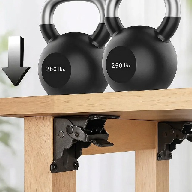 Deux haltères posés sur un plateau en bois, tenu par des supports noirs, pour illustrer la charge supportée. 5