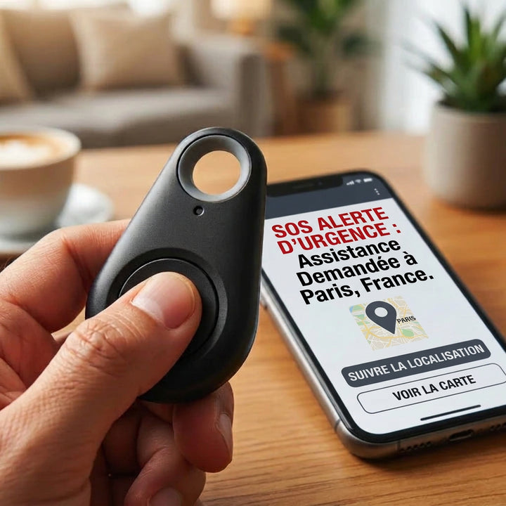 Main appuyant sur le bouton de la balise noire, smartphone affichant une alerte SOS avec carte à l'arrière-plan 4