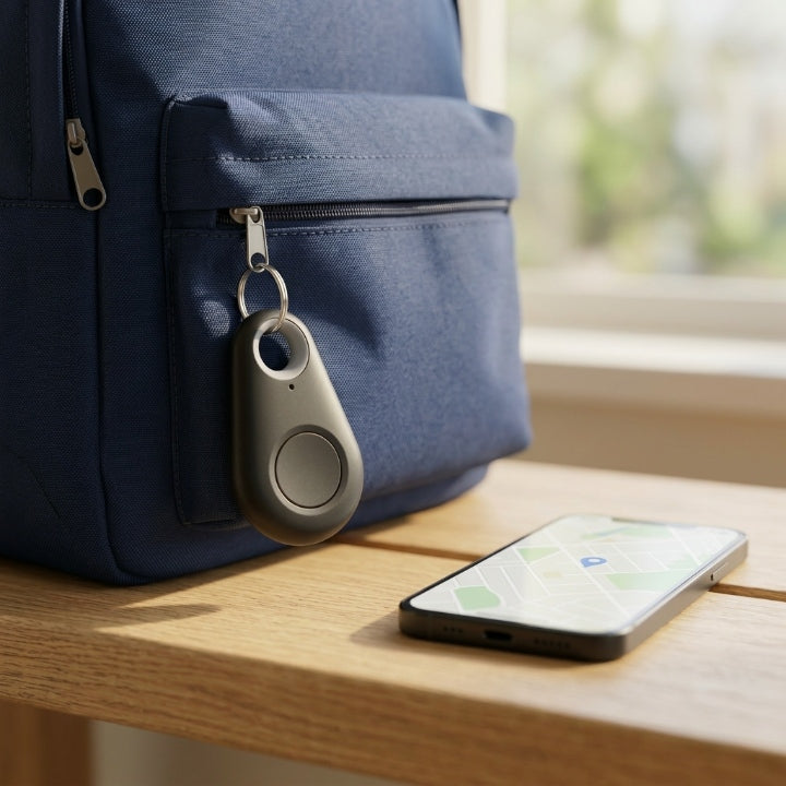 Balise gris foncé accrochée à la fermeture d'un sac à dos bleu, smartphone affichant une carte à côté 1