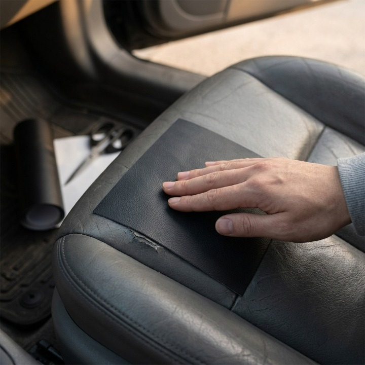 Main lissant un patch noir collé sur une déchirure d'un siège de voiture en cuir gris 2