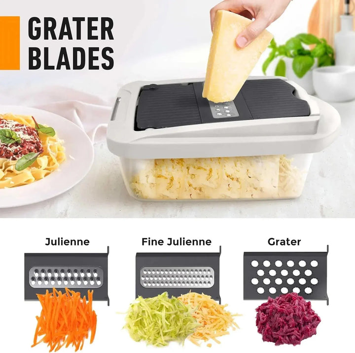 Lames de râpe julienne, julienne fine et râpe, avec une main qui râpe du fromage au-dessus de la boîte. 2