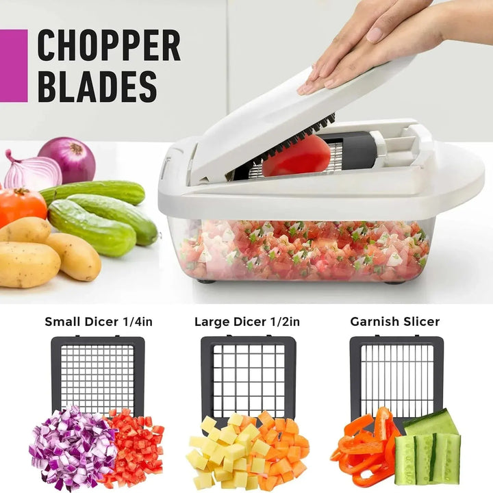 Lames de coupe en petits dés, gros dés et bâtonnets, appareil en usage avec une tomate et un résultat en cubes. 4
