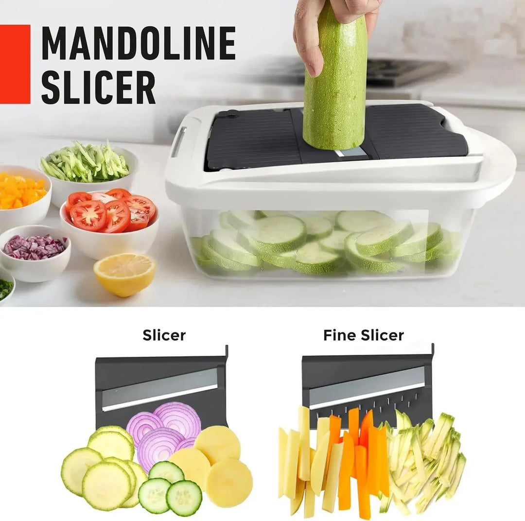 Mandoline en action, une courgette tranchée au-dessus de la boîte, avec les deux lames à trancher et leurs exemples de coupe. 6