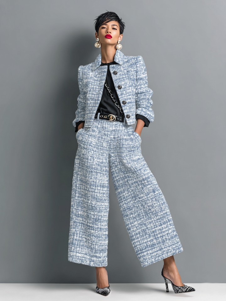 Même ensemble en tweed bleu clair et blanc, porté par la mannequin avec un top noir, une ceinture et des escarpins. 3