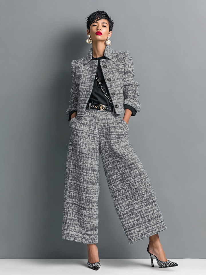 Mannequin en veste courte et pantalon large en tweed gris chiné, top noir, ceinture dorée et escarpins, mains dans les poches. 1