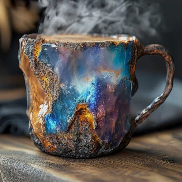 Tasse à la surface rugueuse et aux reflets bleus, violets et orangés, de la vapeur s'échappant de la boisson chaude. 2