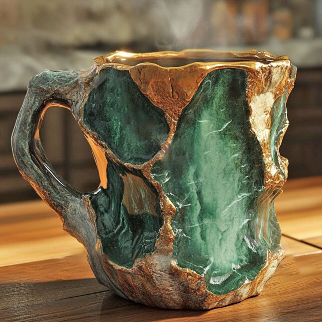 Tasse vert profond aux contours dorés irréguliers, anse sculptée à gauche, posée sur une table en bois ensoleillée. 3