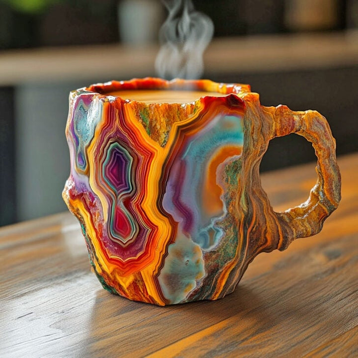 Tasse aux bandes d'agate multicolores rouge, orange, turquoise et violet, de la vapeur s'élevant, posée sur une table en bois. 5