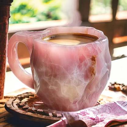 Tasse rose translucide aux reflets de cristal, remplie de café, anse à gauche, posée sur un dessous de tasse tressé. 6