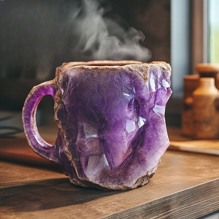 Tasse violette de type améthyste aux facettes brillantes et au bord brut, de la vapeur s'échappant, anse à gauche. 7