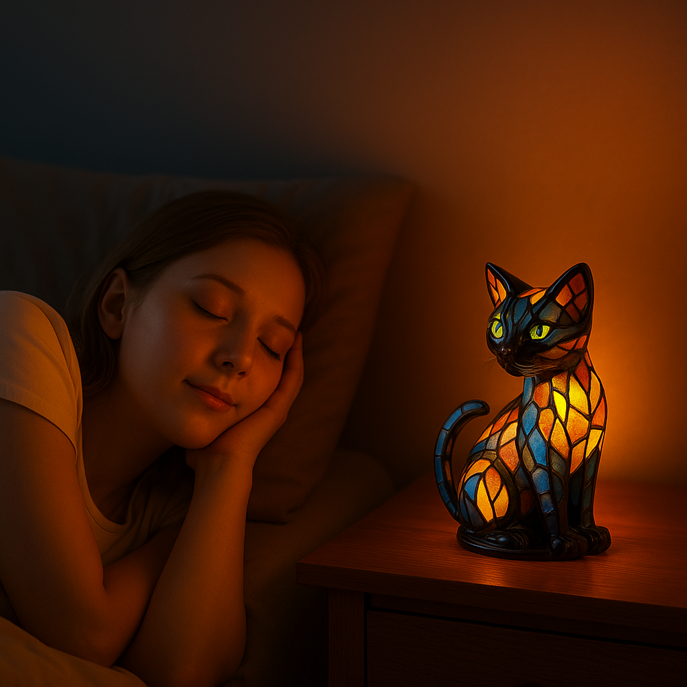 Lampe chat allumée en lueur orangée sur une table de chevet, près d'une femme endormie 2