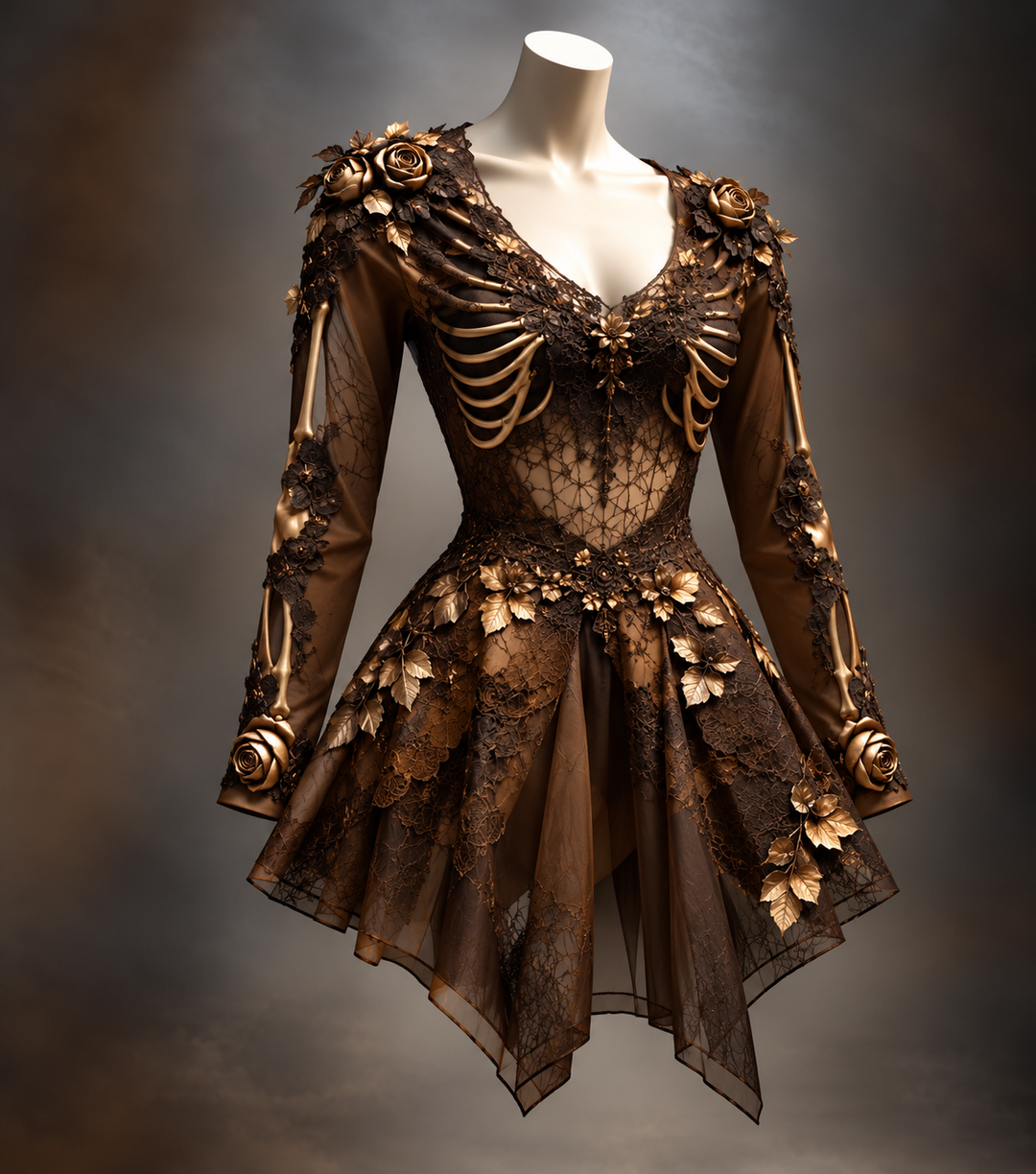 Version marron sur mannequin, avec dentelle ajourée, côtes et os dorés sur les manches, roses dorées aux épaules et jupe en voile. 3