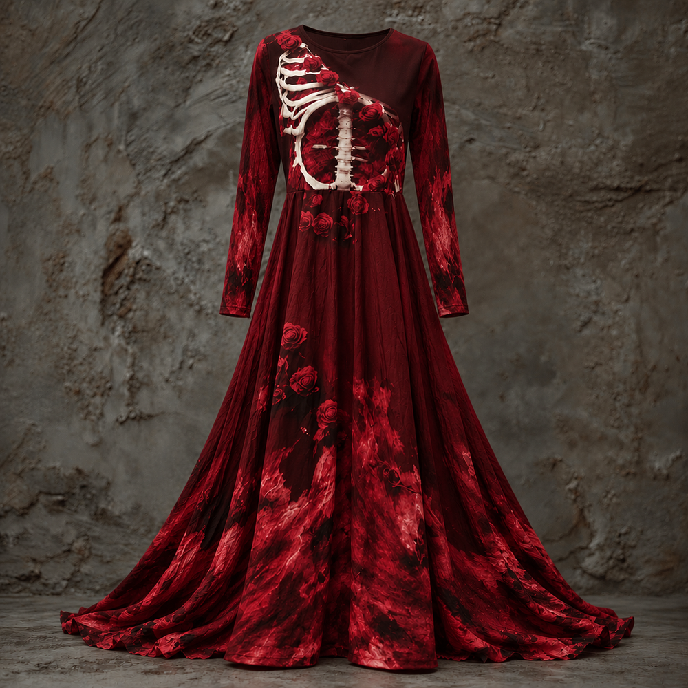 Version rouge bordeaux de la robe, présentée sur mannequin devant un mur de béton, avec cage thoracique blanche et roses sur le corsage. 2