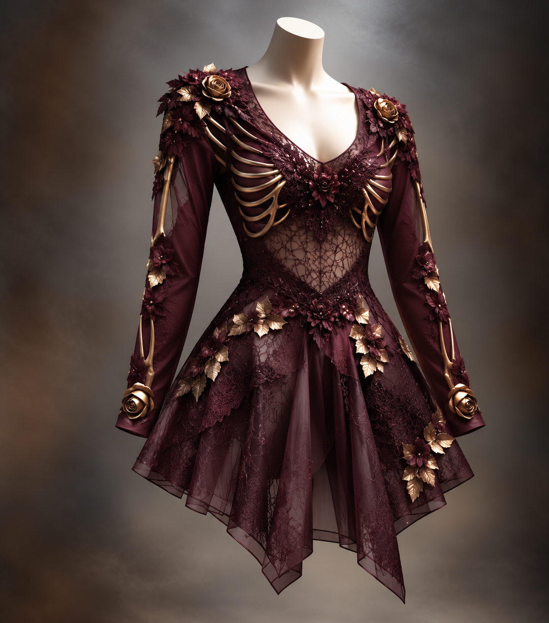 Version bordeaux sur mannequin, avec côtes dorées, roses et feuilles dorées en relief, dentelle transparente au ventre et jupe asymétrique légère. 2