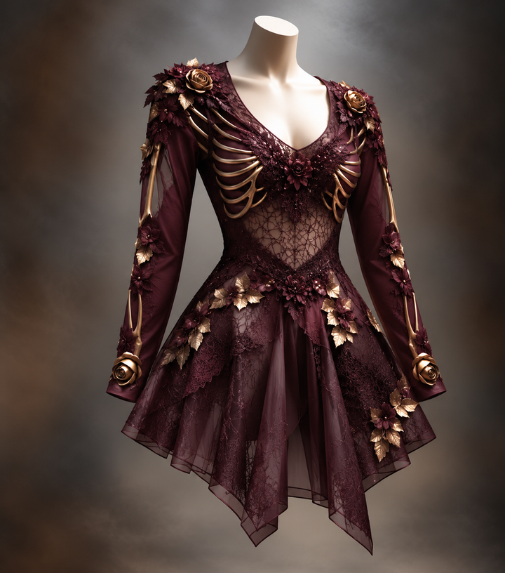 Version bordeaux sur mannequin, avec côtes dorées, roses et feuilles dorées en relief, dentelle transparente au ventre et jupe asymétrique légère. 2