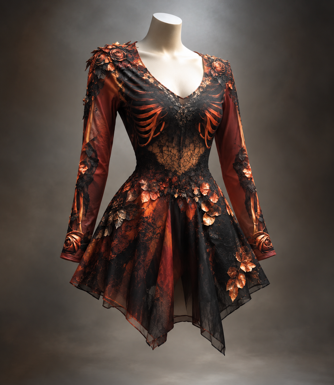 Version rouge et noire sur mannequin, avec côtes et os orangés imprimés, roses cuivrées, feuilles en relief et jupe asymétrique en voile noir. 6