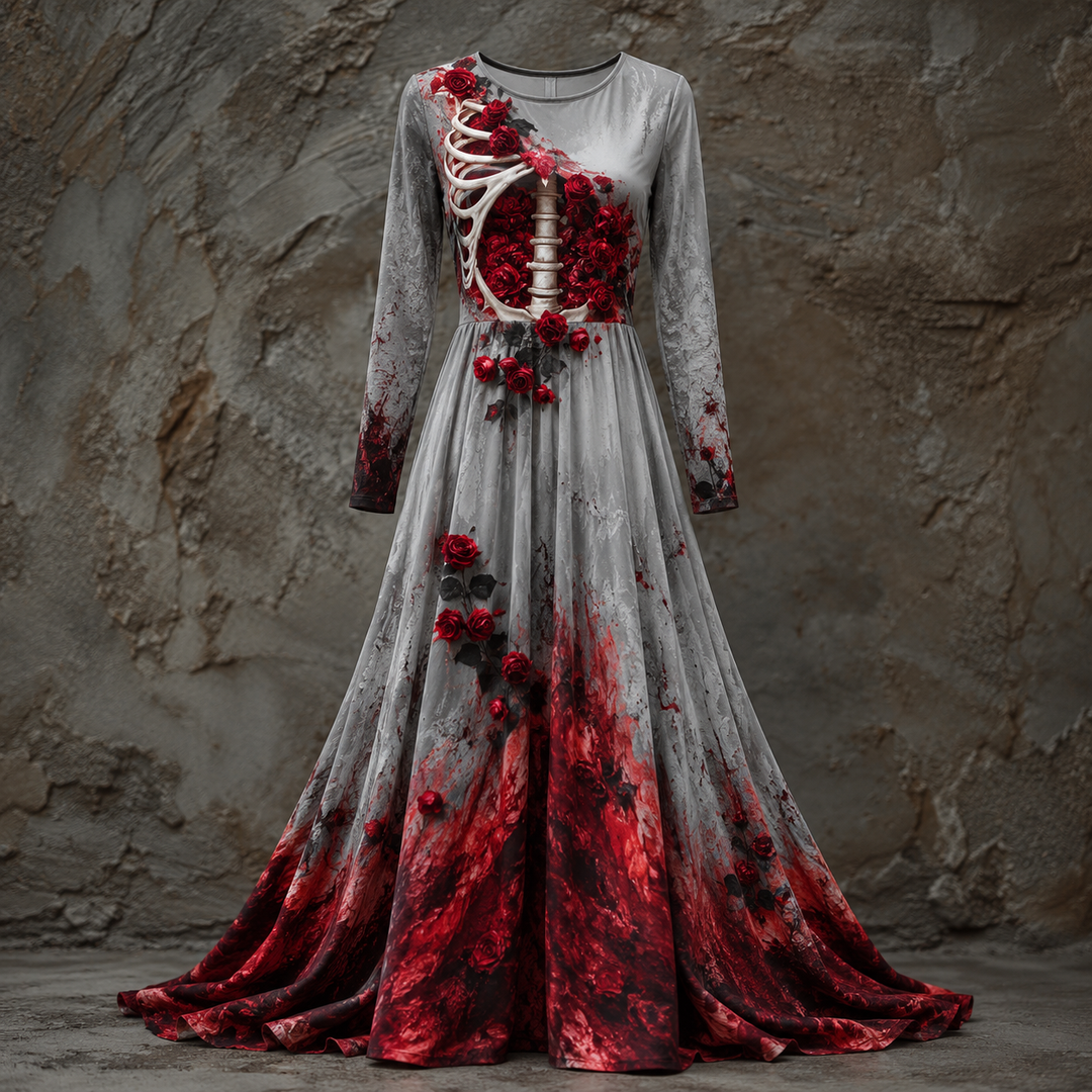 Version grise de la robe sur mannequin, cage thoracique et roses rouges sur le corsage, jupe ample tachée de rouge vers le bas. 1