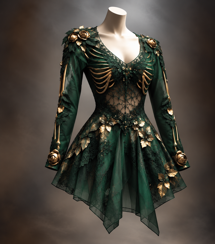 Version vert foncé sur mannequin, avec dentelle transparente au ventre, côtes dorées, roses et feuilles dorées aux épaules, jupe en voile pointue. 5