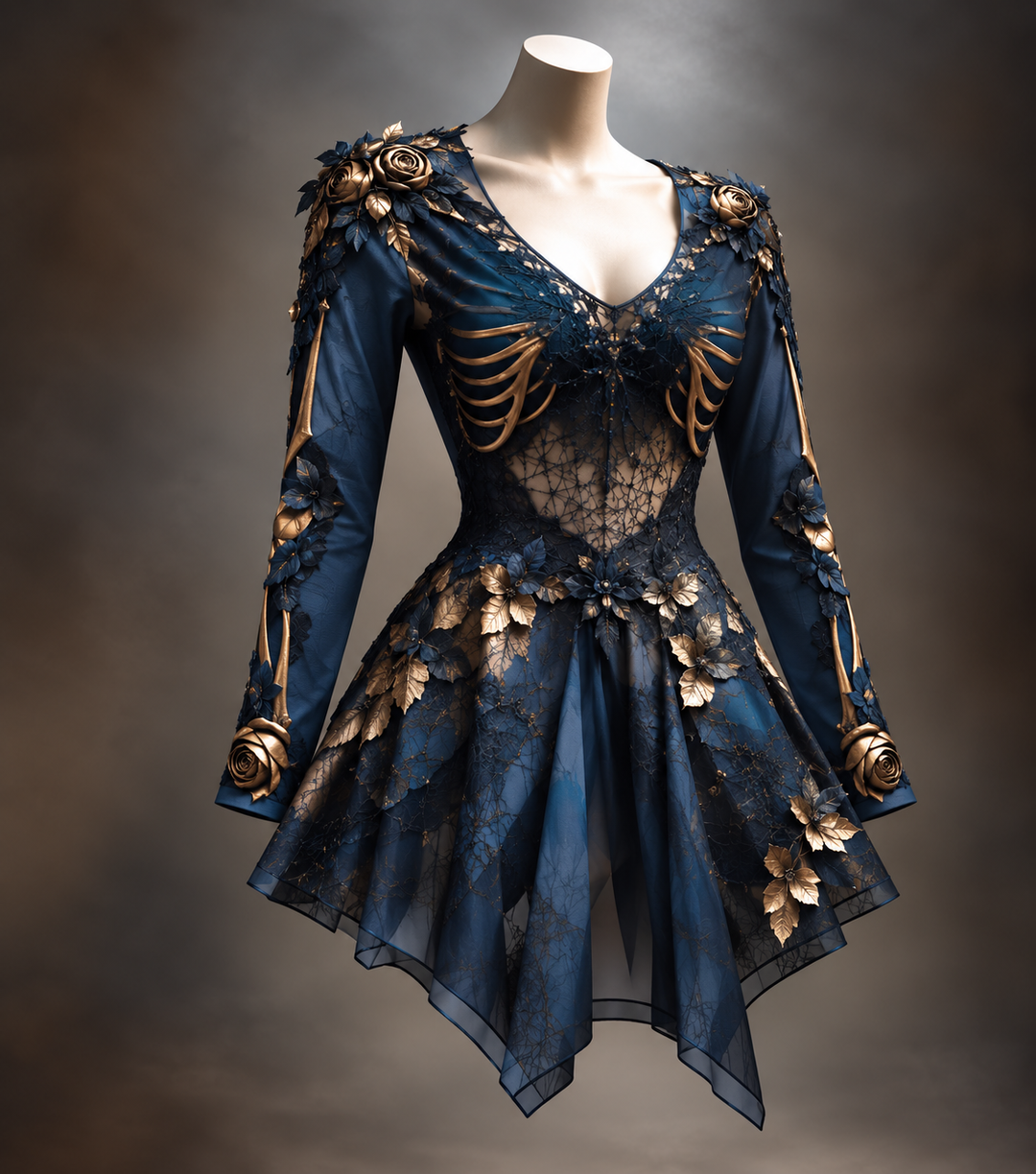 Version bleu marine sur mannequin, avec dentelle ajourée, côtes et os dorés, roses et feuilles dorées en relief, jupe asymétrique en voile. 4