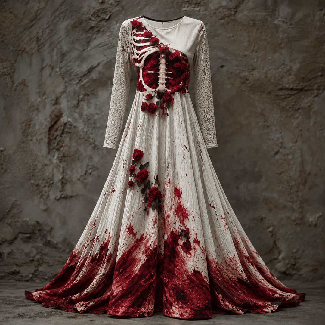 Version blanche de la robe, manches en dentelle, corsage squelettique orné de roses rouges et jupe ample éclaboussée de rouge vers l'ourlet. 5