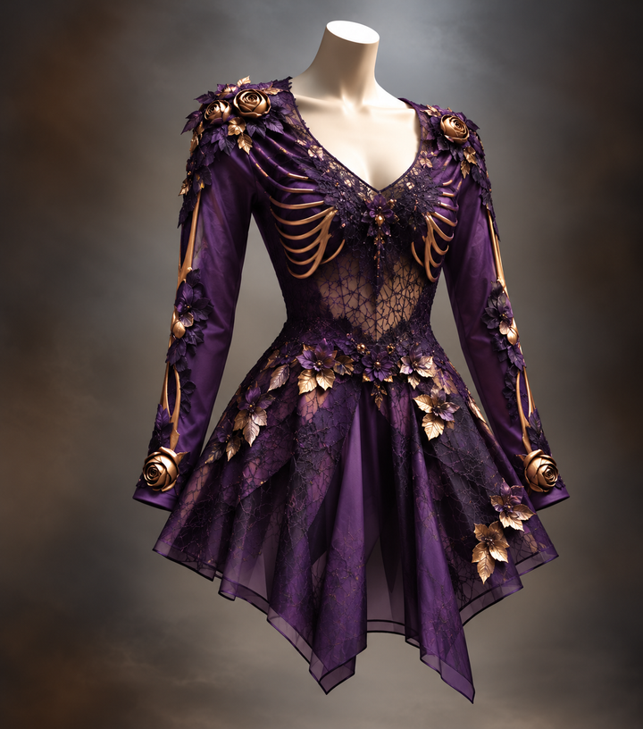 Version violette sur mannequin, avec côtes et os dorés sur le buste et les manches, roses et feuilles dorées, jupe asymétrique en voile. 7
