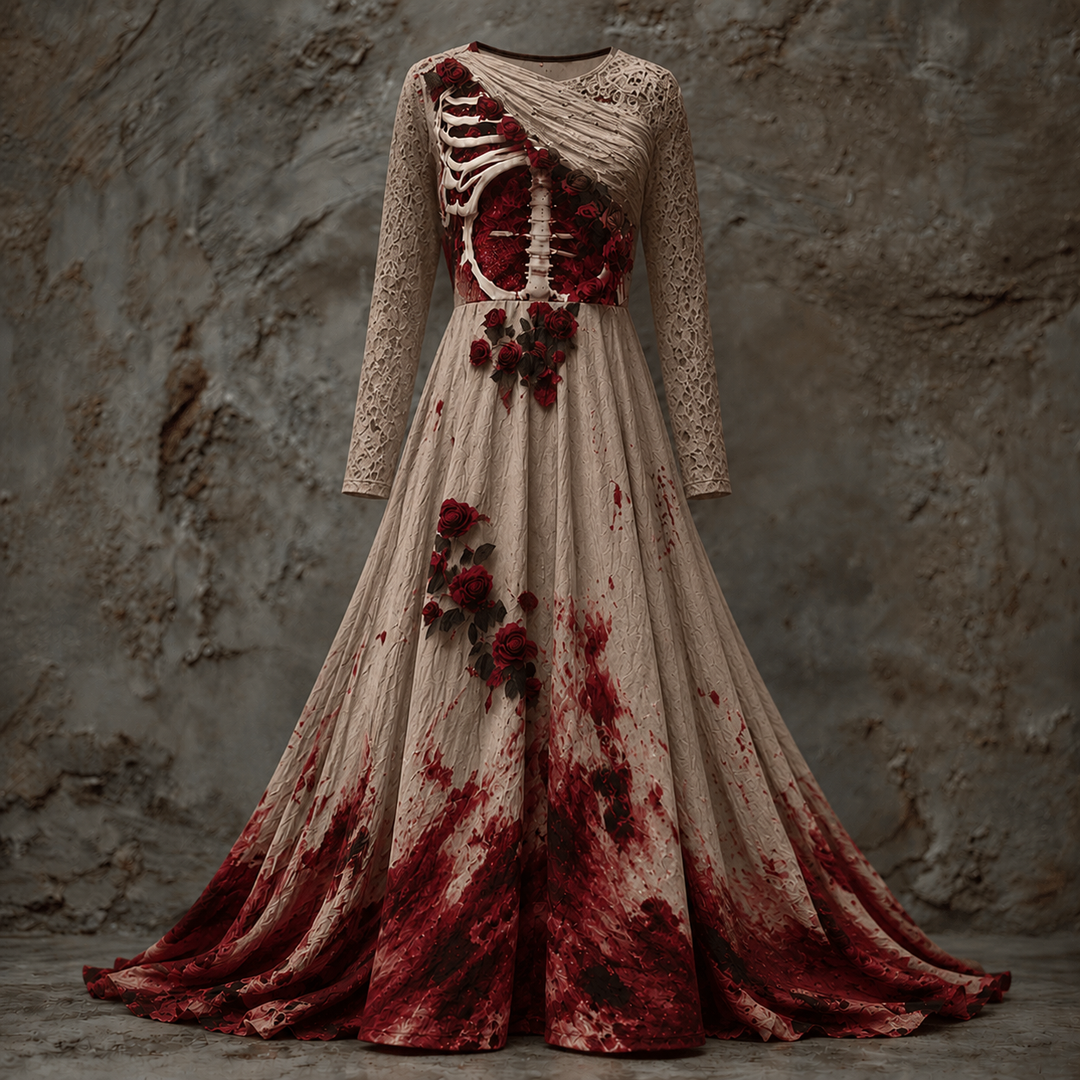 Version beige de la robe, manches en dentelle ajourée, corsage drapé asymétrique avec cage thoracique, roses rouges et éclaboussures sombres sur la jupe. 4