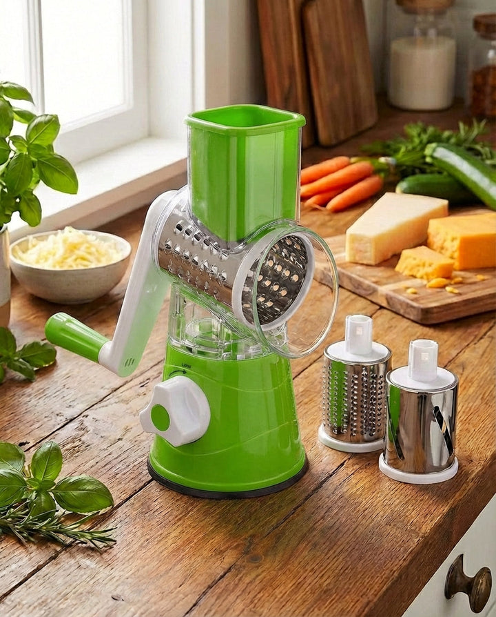 Version verte de l'appareil à manivelle sur un plan de travail en bois, avec deux tambours en inox, fromage et légumes. 11