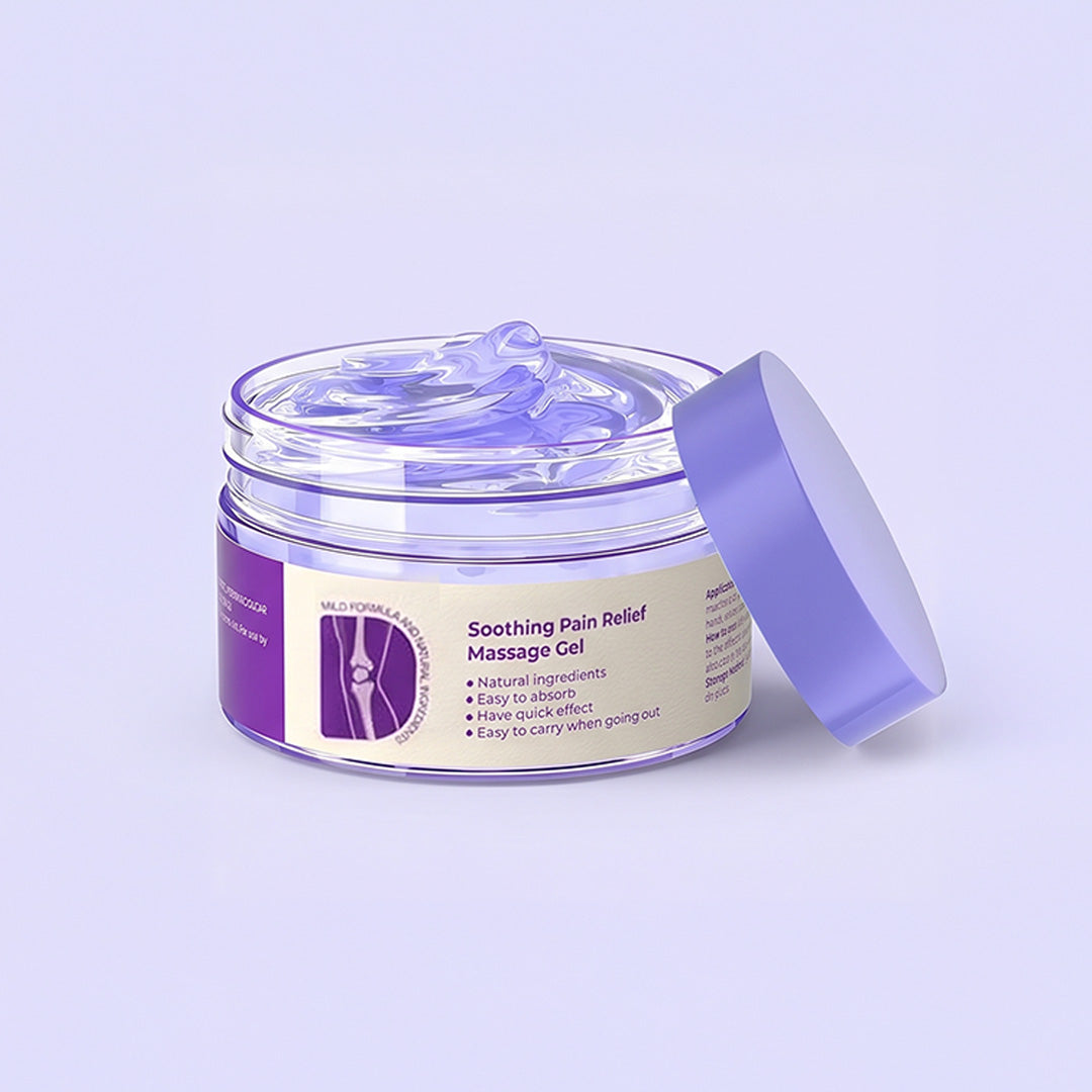 Pot de gel ouvert, couvercle violet posé contre le pot, texture transparente teintée de lilas visible 1
