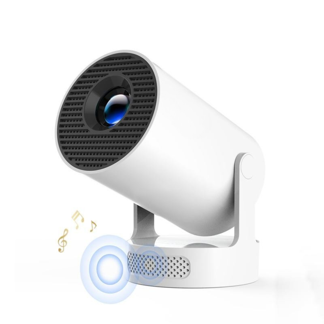 Projecteur blanc cylindrique incliné sur son socle rond, grille noire autour de l'objectif, notes de musique près du 1