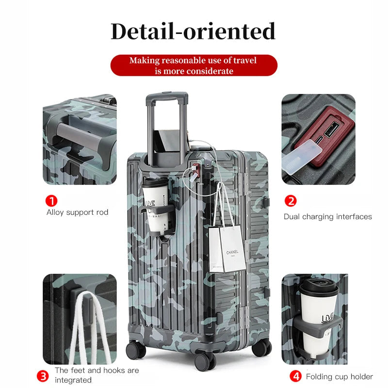 Valise camouflage vue de dos avec ses détails : tige en alliage, deux ports de charge, crochets intégrés et porte-gobelet pliant avec gobelet. 3