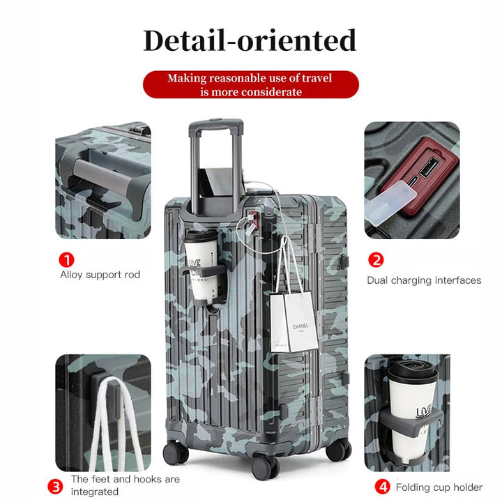 Valise camouflage vue de dos avec ses détails : tige en alliage, deux ports de charge, crochets intégrés et porte-gobelet pliant avec gobelet. 3