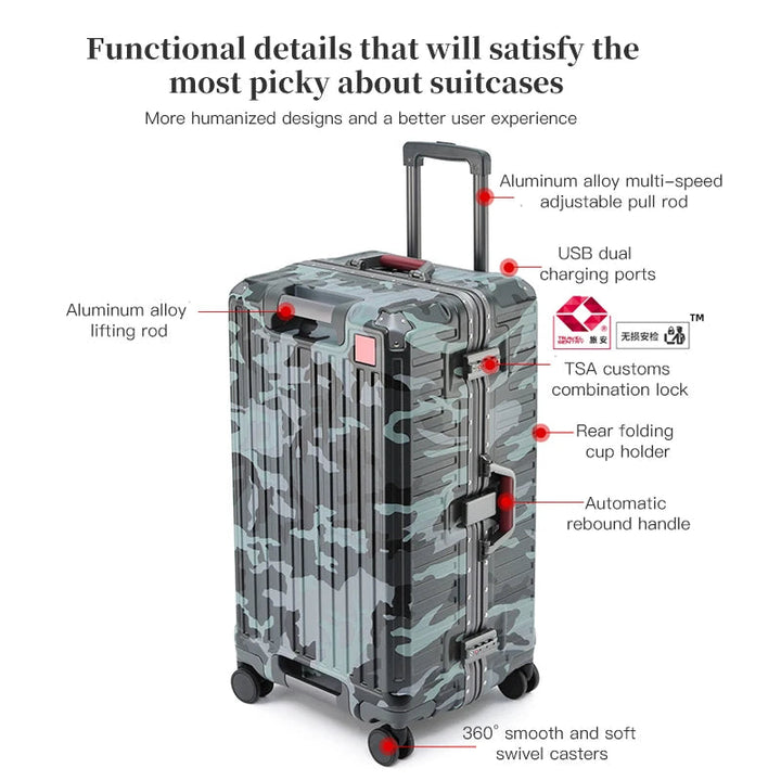 Valise camouflage annotée de ses fonctions : tirette réglable, ports de charge USB, serrure à code, porte-gobelet, poignée à ressort et roulettes à 360 degrés. 4