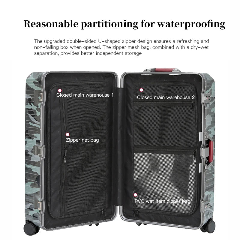 Valise camouflage ouverte à plat montrant deux compartiments doublés de noir, poches zippées en filet et poche transparente pour affaires humides. 7
