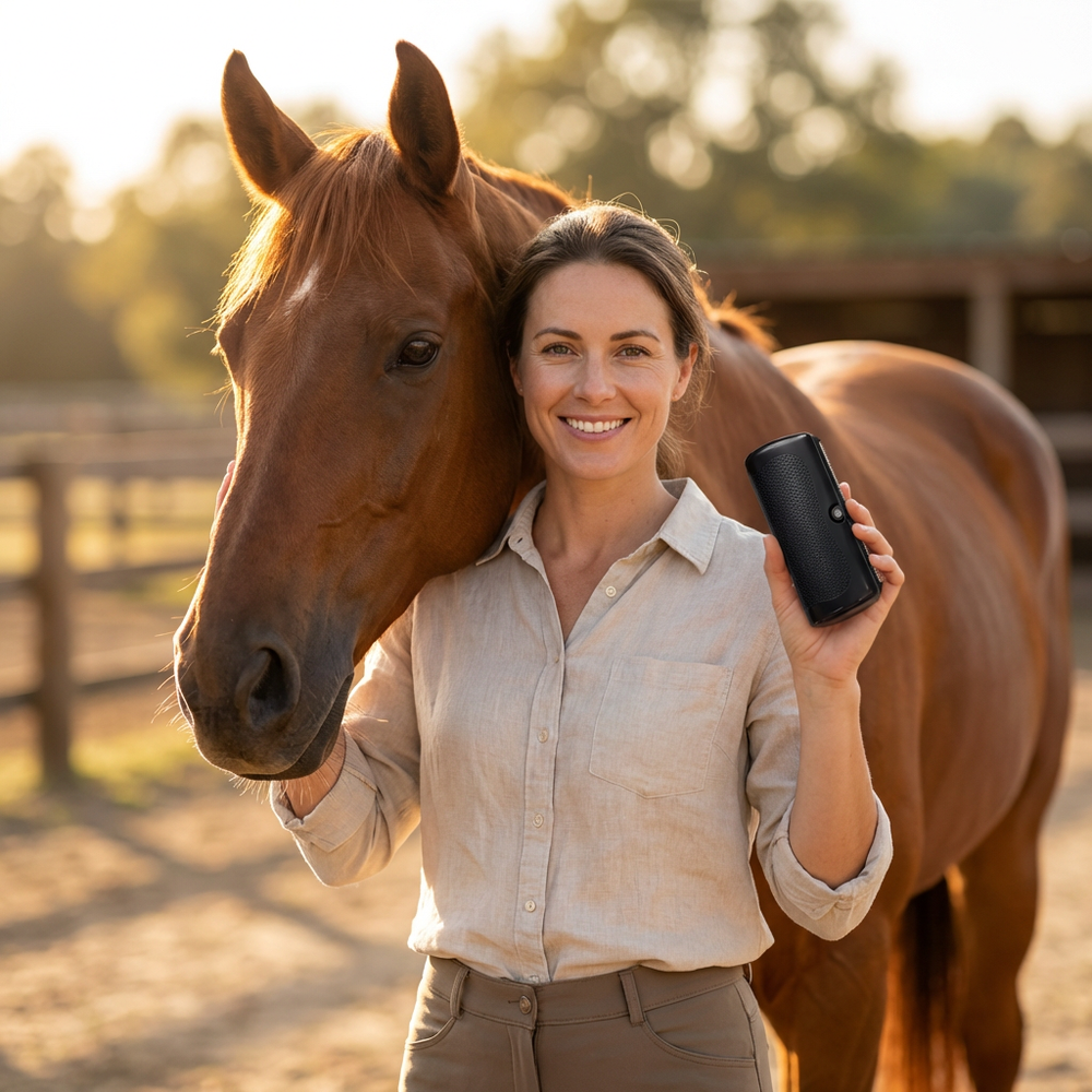 Femme souriante en chemise de lin tenant la brosse noire contre la tête d'un cheval alezan dans un paddock ensoleillé. 2