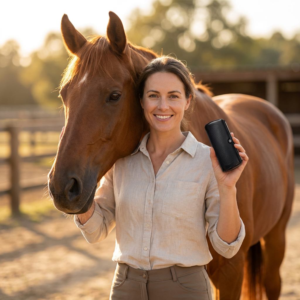Femme souriante en chemise de lin tenant la brosse noire contre la tête d'un cheval alezan dans un paddock ensoleillé. 2