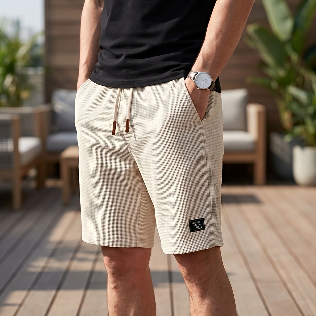 Short écru en tissu gaufré à cordon de serrage, porté avec un tee-shirt noir et une montre, main dans la poche. 8