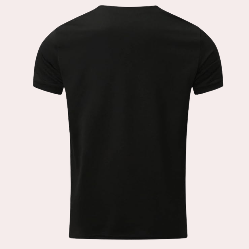 Dos du t-shirt noir à manches courtes, présenté à plat sur fond rosé 3
