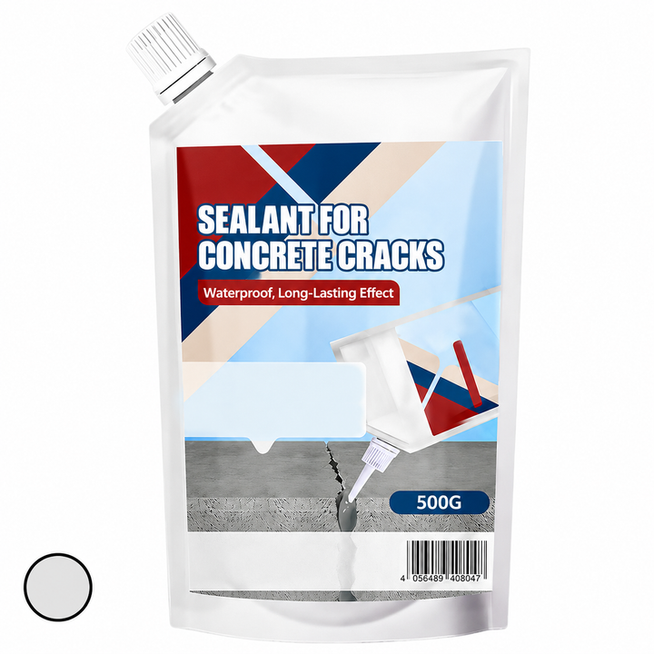 Poche de mastic de 500 g sur fond blanc, vue de face, avec une pastille de couleur gris clair en bas à gauche. 10