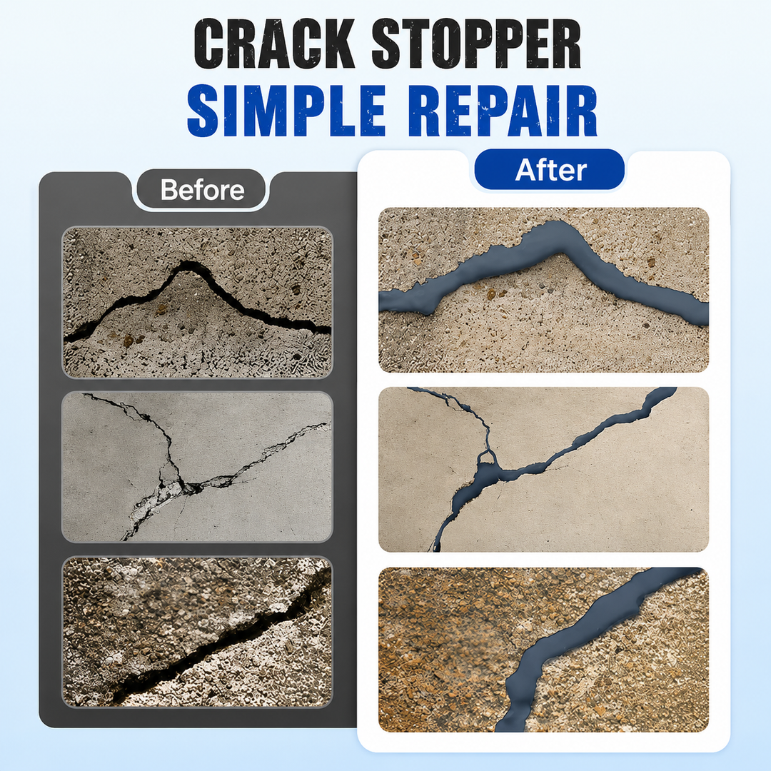 Trois fissures du béton avant réparation puis après, comblées par un joint gris-bleu sombre, en montage comparatif. 4