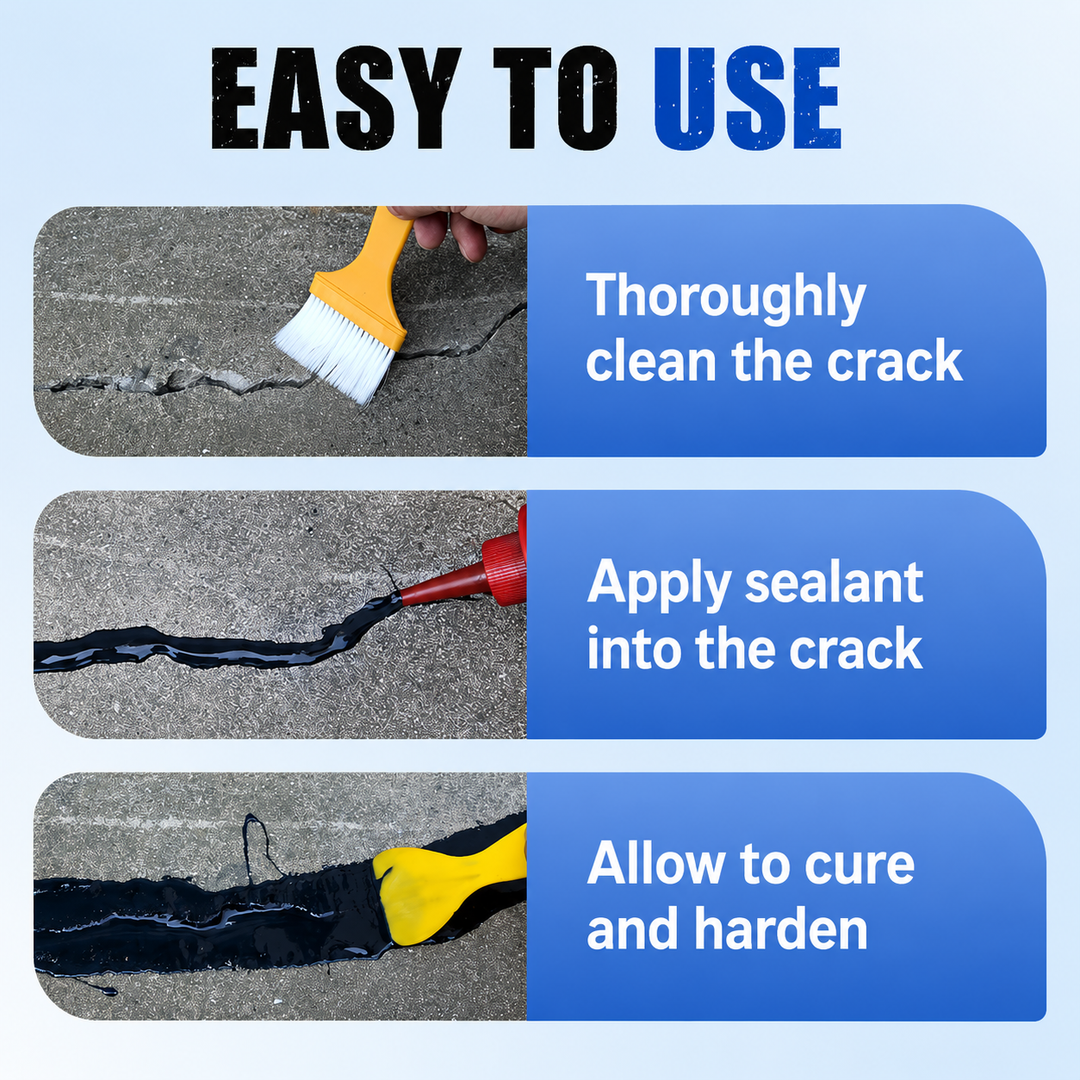 Trois étapes d'utilisation sur béton : brosser la fissure, appliquer le mastic noir avec l'embout, puis étaler à la brosse jaune. 6
