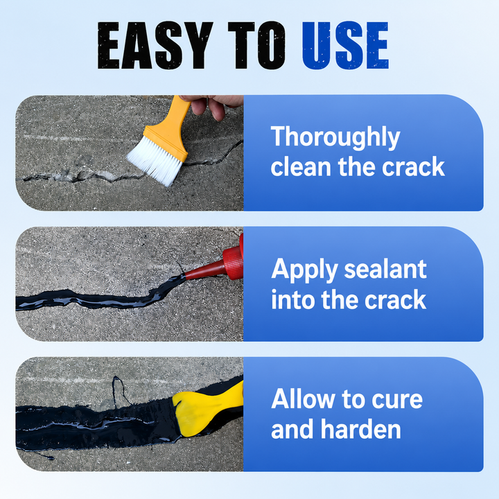 Trois étapes d'utilisation sur béton : brosser la fissure, appliquer le mastic noir avec l'embout, puis étaler à la brosse jaune. 6
