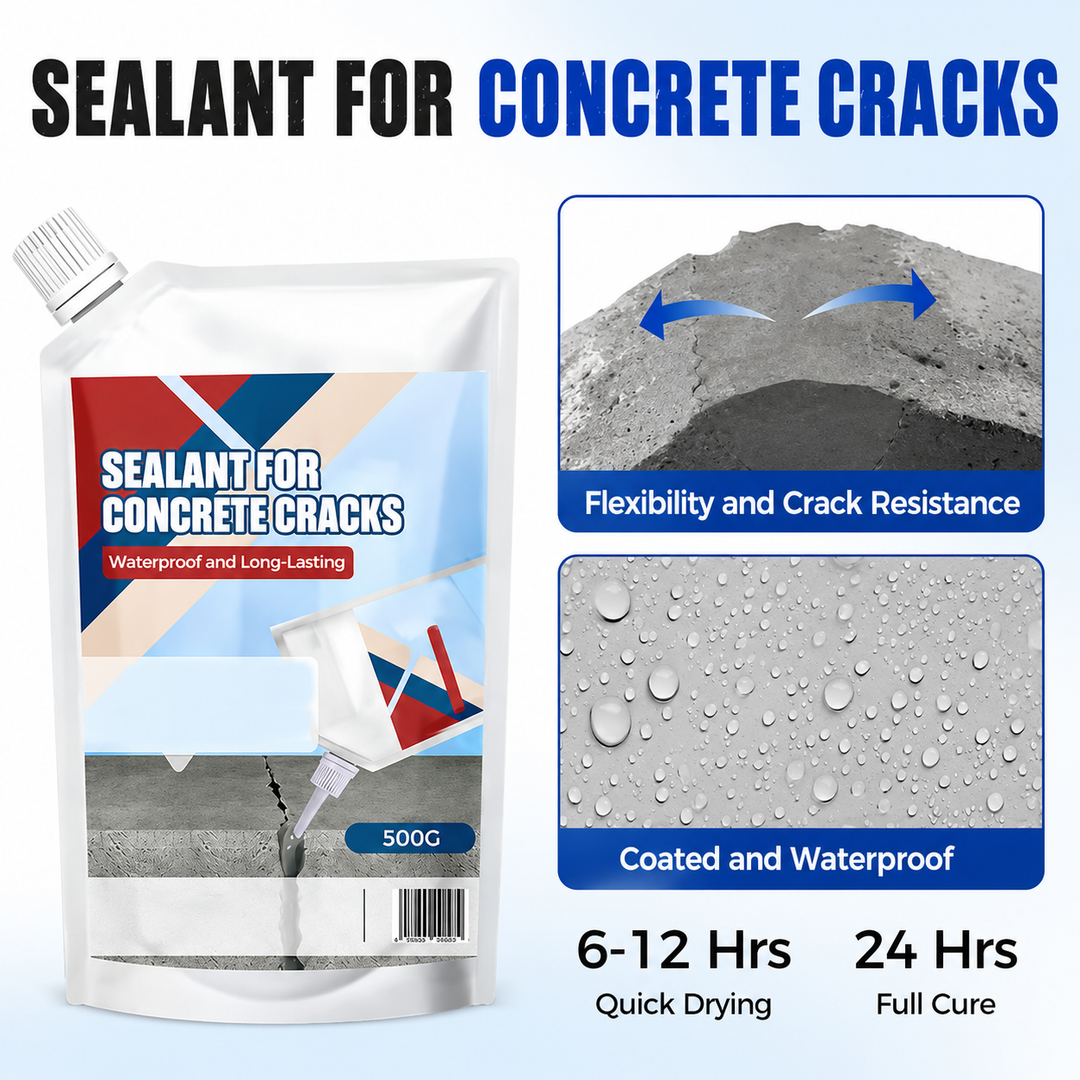 Poche de 500 g à côté de deux détails illustrant la souplesse du mastic et l'effet hydrofuge, avec temps de séchage et de durcissement. 7