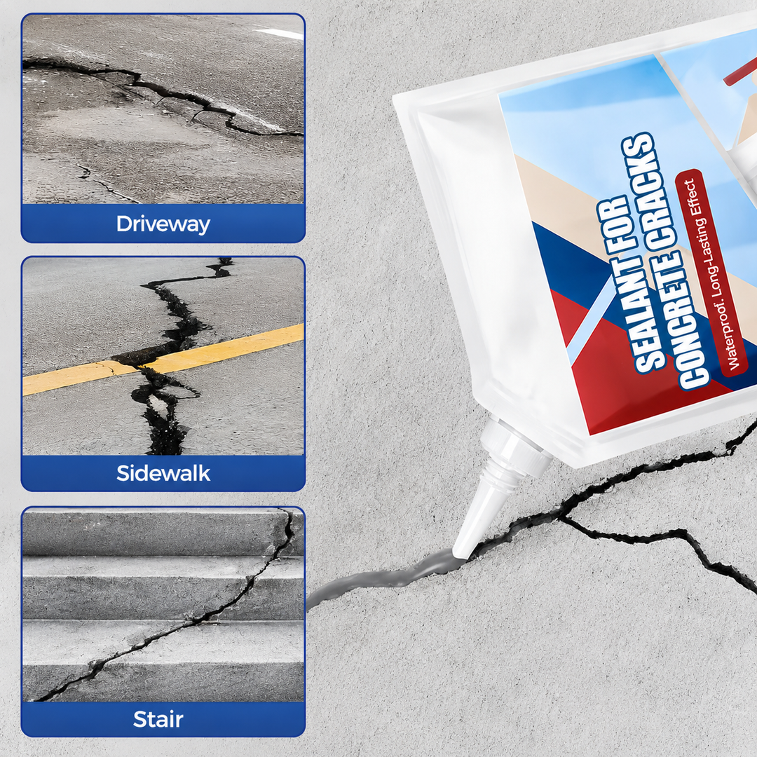 Poche inclinée au-dessus d'une fissure de béton, entourée de trois exemples d'usage : allée de garage, trottoir et escalier fissurés. 8