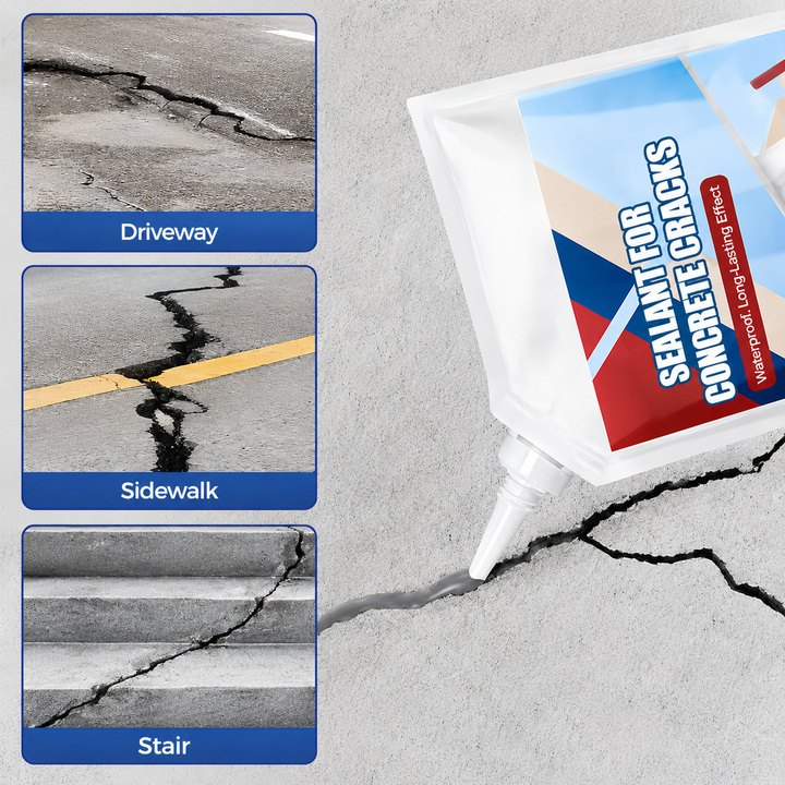 Poche inclinée au-dessus d'une fissure de béton, entourée de trois exemples d'usage : allée de garage, trottoir et escalier fissurés. 8